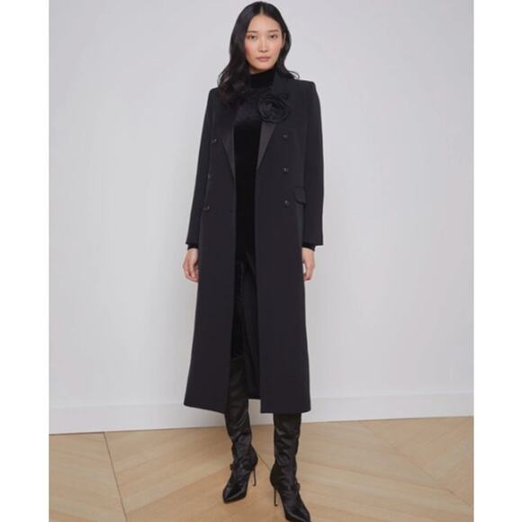 L’Agence Quinton Rosette Detail Long Tuxedo Jacket Coat In Black size 6 - Picture 1 of 15